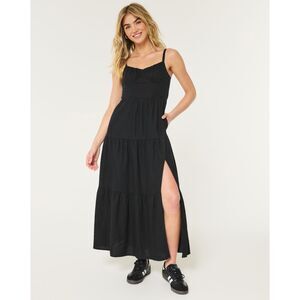 Hollister Open Back Linen Blend Maxi Dress with Removal Padding & Pockets NWT